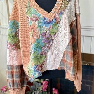 POL Floral and Plaid Patchwork Sweater